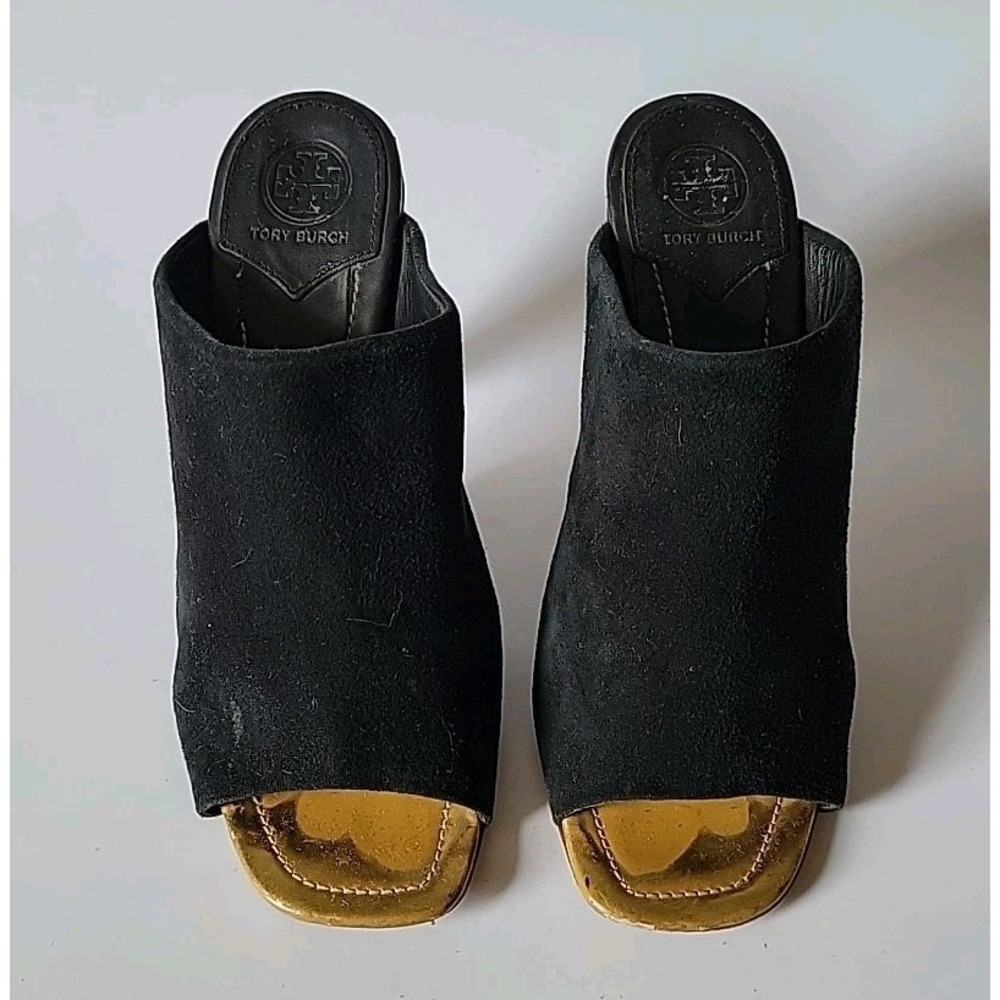 Tory Burch Ellis Open Toe Mules 7.5M Genuine Suede Chambray‎ Designer Preppy - Picture 2 of 14